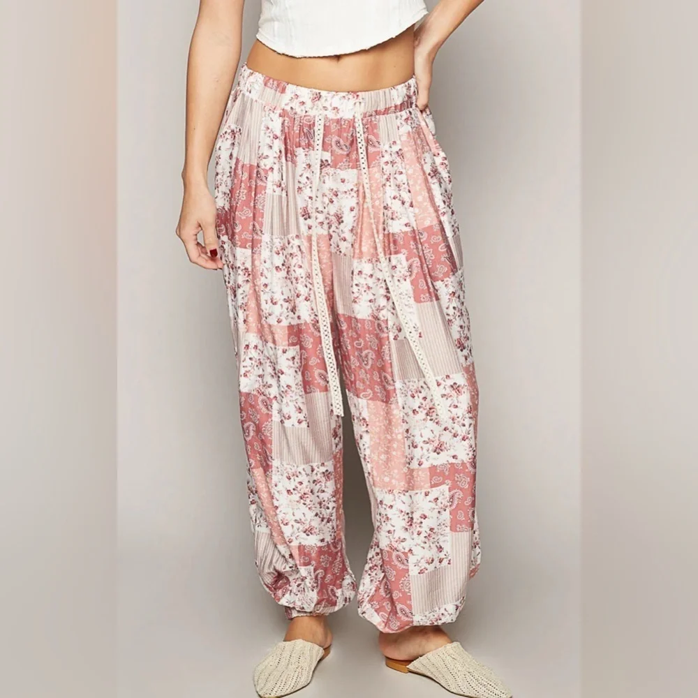 POL Pink Patchwork Joggers in Rose Multi Print 🌸💗 Lightweight, Cozy & Comfy 🌸💗